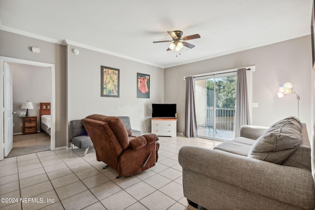 living room featuring ceiling fan, light tile patterned flooring, and crown molding