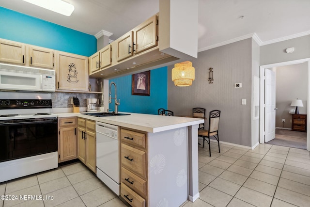 kitchen featuring light tile patterned floors, kitchen peninsula, sink, white appliances, and light brown cabinetry