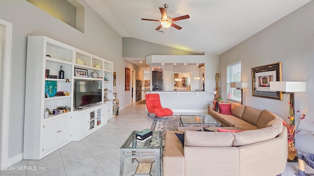 living room with lofted ceiling and ceiling fan