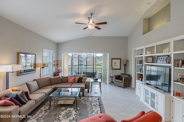 living room with vaulted ceiling, light tile patterned floors, and ceiling fan