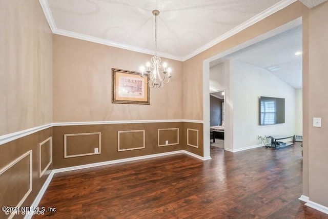 unfurnished dining area featuring crown molding, vaulted ceiling, dark hardwood / wood-style floors, and an inviting chandelier