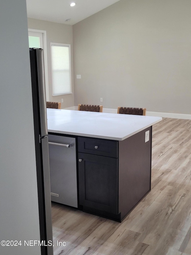 kitchen with light hardwood / wood-style floors and appliances with stainless steel finishes