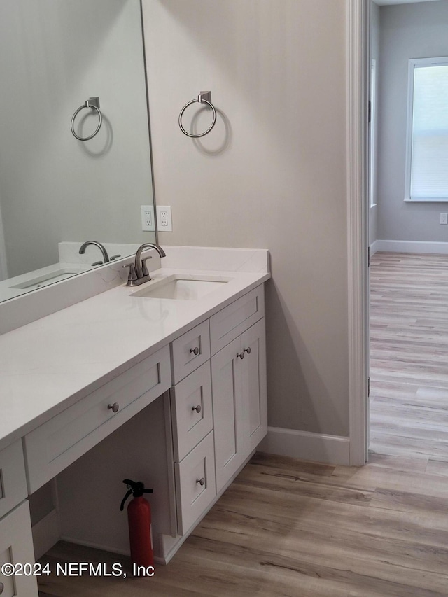 bathroom with wood-type flooring and vanity