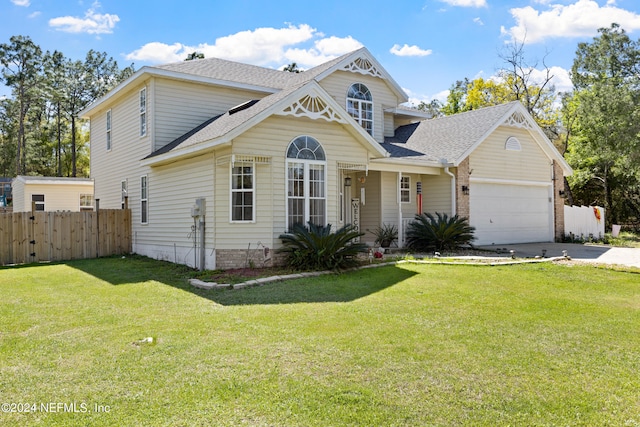 view of front of property featuring a front yard and a garage