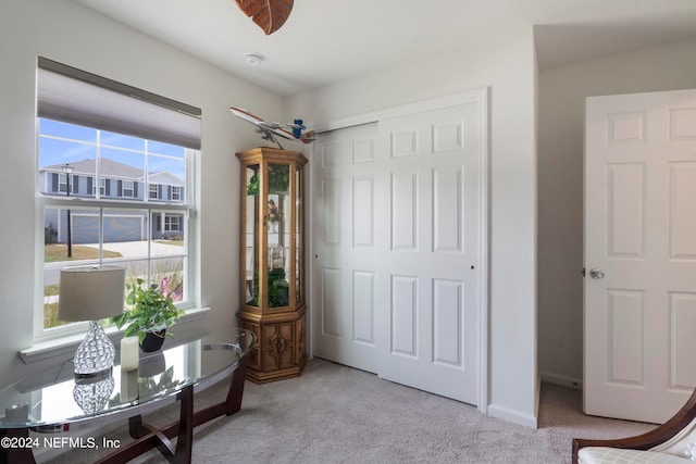 interior space with light carpet and baseboards