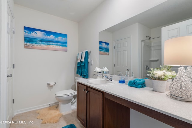 full bath featuring toilet, tile patterned flooring, a shower, and vanity