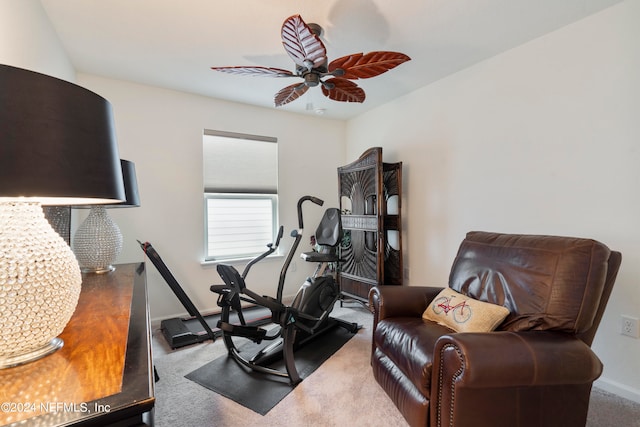 workout area with ceiling fan, carpet, and baseboards