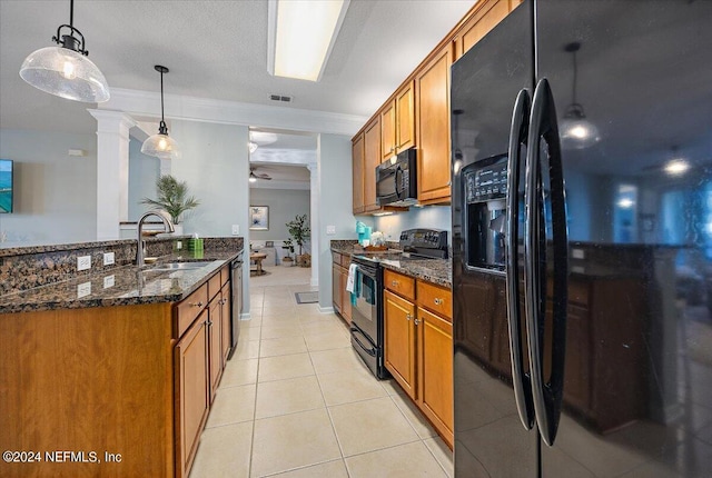 kitchen featuring pendant lighting, light tile floors, ceiling fan, black appliances, and sink