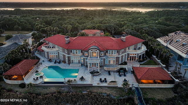 view of aerial view at dusk