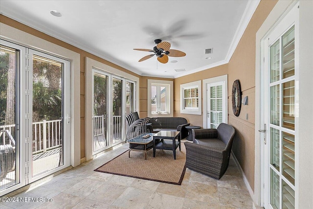 interior space featuring ceiling fan