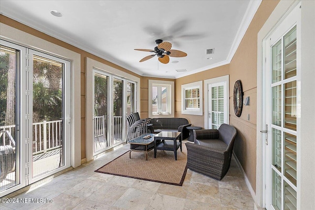 1201 Ponte Vedra Blvd, Ponte Vedra Beach, FL 32082 - sunroom featuring crown molding, stone finish flooring, baseboards, and visible vents