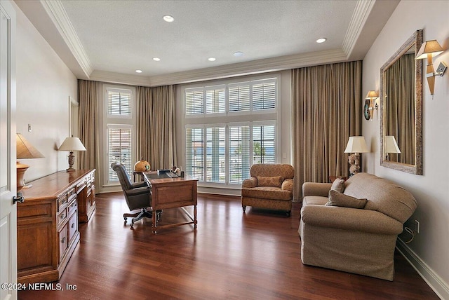 office area featuring ornamental molding, dark hardwood / wood-style flooring, and a healthy amount of sunlight