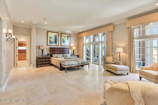 bedroom featuring access to outside and ornamental molding