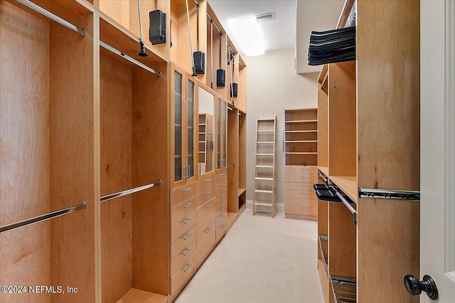 walk in closet featuring light colored carpet