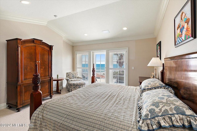 carpeted bedroom featuring a textured ceiling, access to exterior, lofted ceiling, a water view, and crown molding