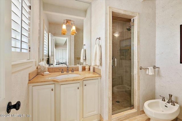 bathroom featuring vanity, a bidet, and a shower with shower door