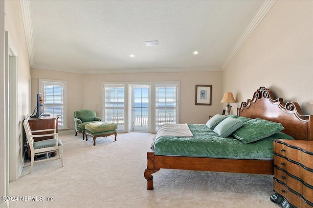 carpeted bedroom featuring multiple windows, crown molding, a textured ceiling, and access to exterior