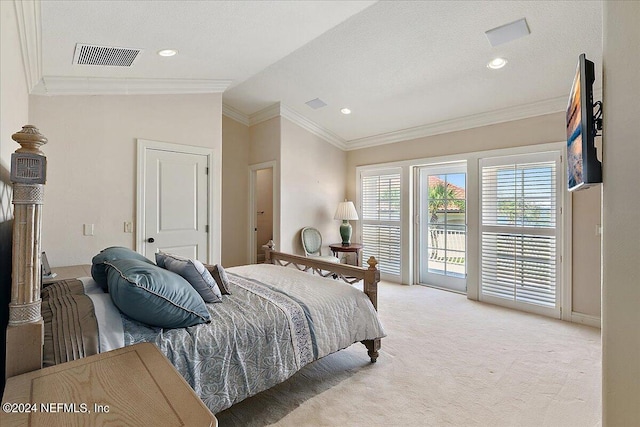 bedroom featuring lofted ceiling, a textured ceiling, light colored carpet, crown molding, and access to exterior