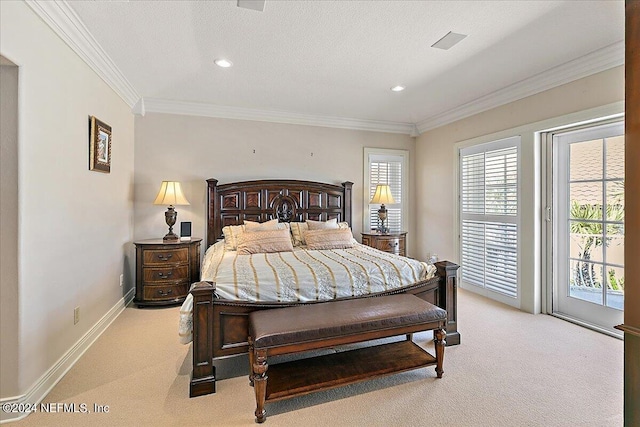 bedroom featuring ornamental molding, a textured ceiling, light colored carpet, and access to exterior