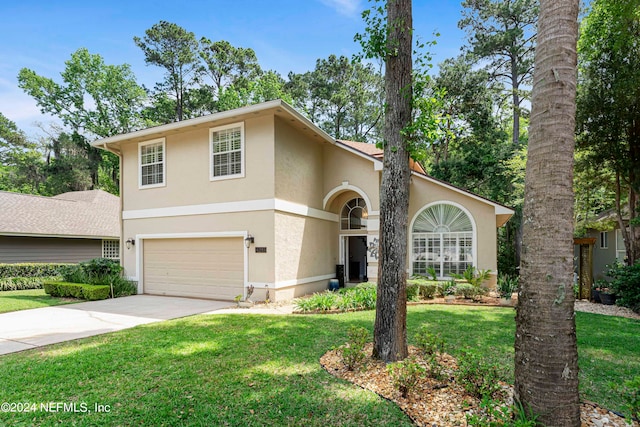 front facade with a garage and a front yard