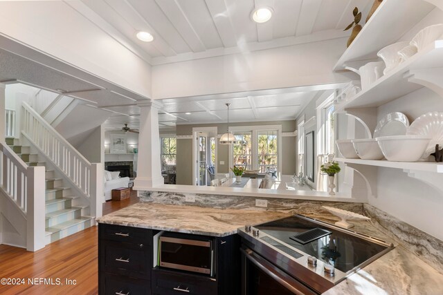 kitchen with pendant lighting, ceiling fan with notable chandelier, stainless steel microwave, light hardwood / wood-style floors, and electric range