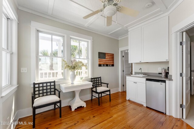 kitchen featuring light hardwood / wood-style flooring, ceiling fan, dishwasher, white cabinets, and sink