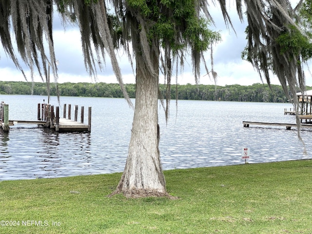 dock area with a lawn and a water view