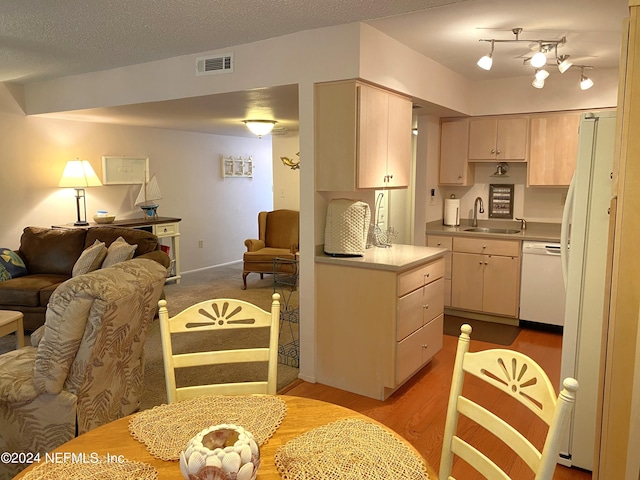 kitchen featuring white appliances, sink, rail lighting, stainless steel counters, and a textured ceiling