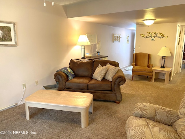 living room featuring light colored carpet