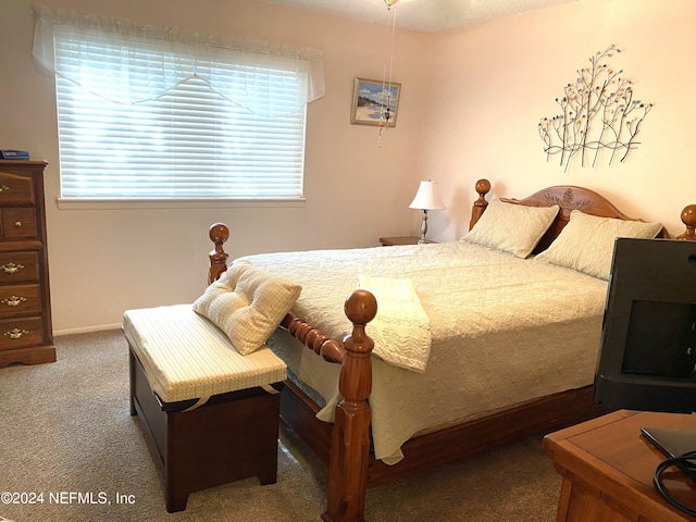 bedroom with dark carpet