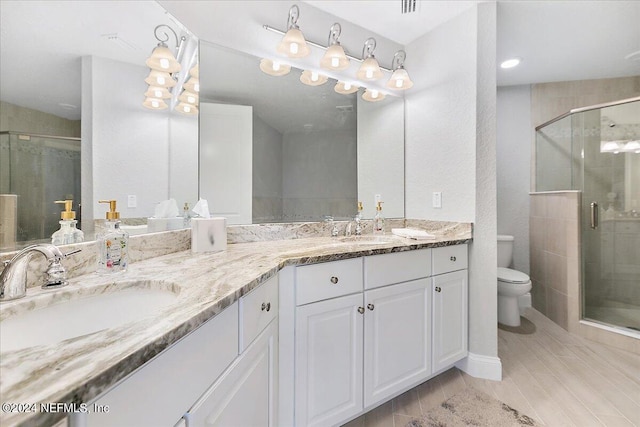 bathroom featuring toilet, a shower stall, double vanity, and a sink