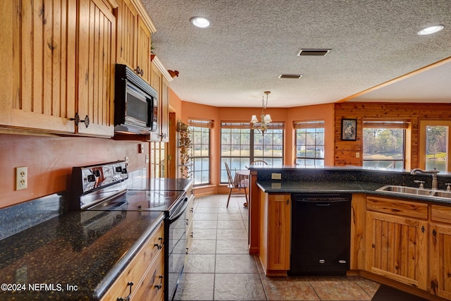 kitchen with sink, a healthy amount of sunlight, black appliances, and pendant lighting