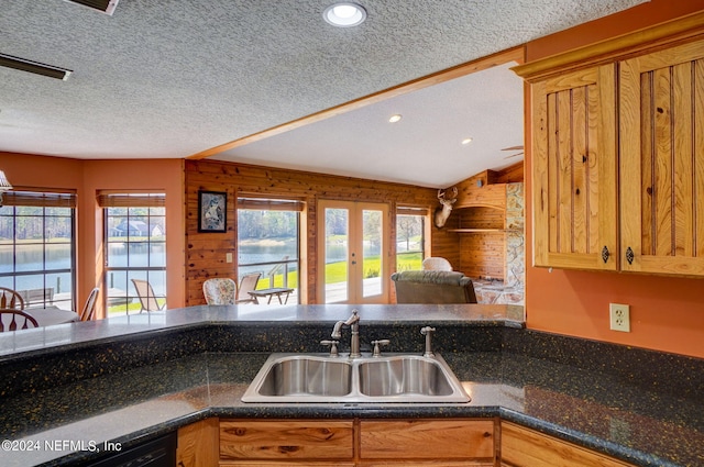 kitchen featuring a textured ceiling, wooden walls, sink, and a wealth of natural light