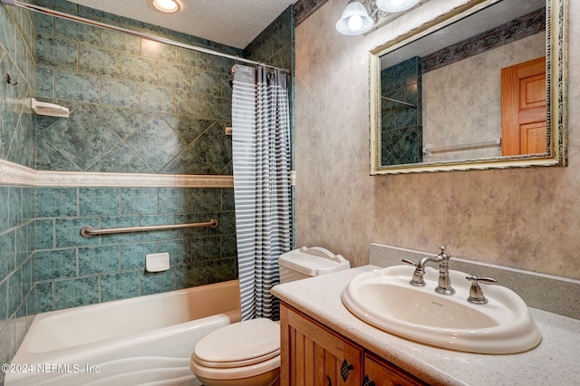 full bathroom featuring a textured ceiling, vanity, toilet, and shower / tub combo