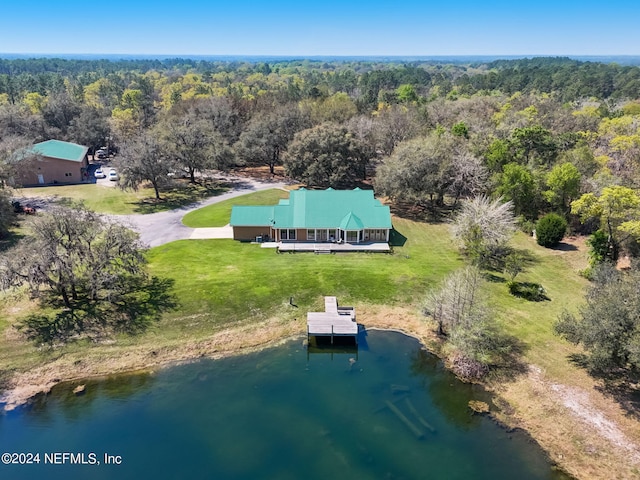 aerial view featuring a water view