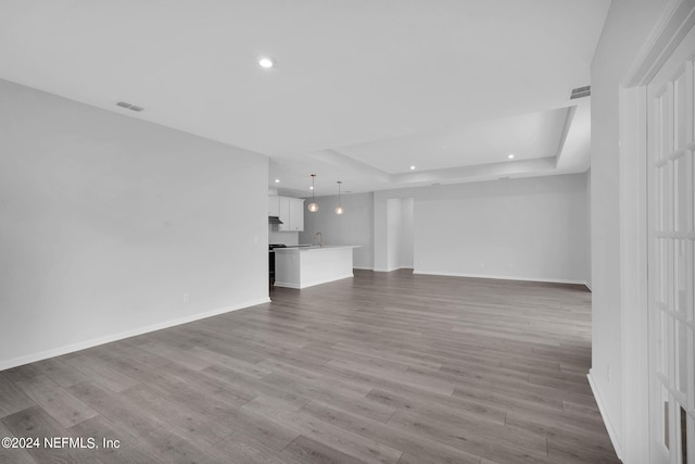 unfurnished living room with light hardwood / wood-style flooring, a raised ceiling, and sink