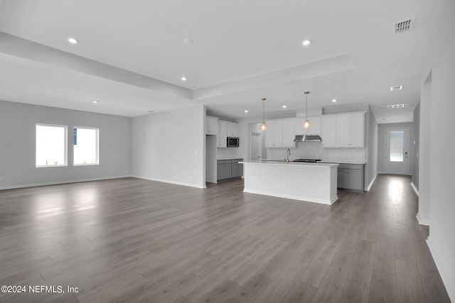 kitchen featuring a kitchen island with sink, a raised ceiling, decorative light fixtures, decorative backsplash, and white cabinets