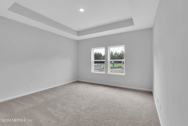 carpeted empty room featuring a raised ceiling