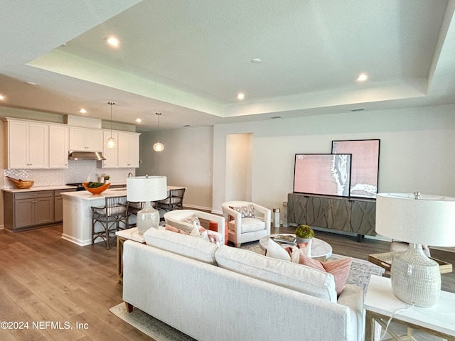 living room with light hardwood / wood-style floors and a raised ceiling