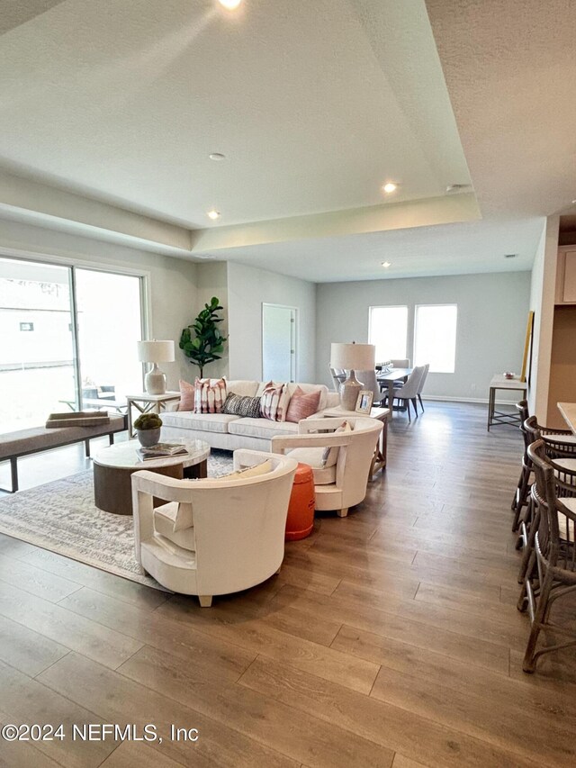 living room featuring hardwood / wood-style flooring, a raised ceiling, and a healthy amount of sunlight