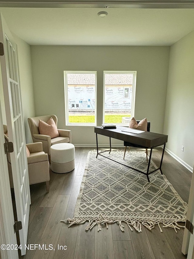 home office with hardwood / wood-style flooring