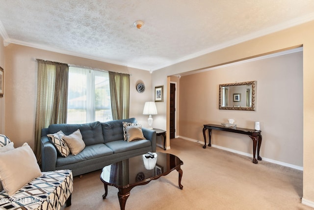 carpeted living room with a textured ceiling and ornamental molding