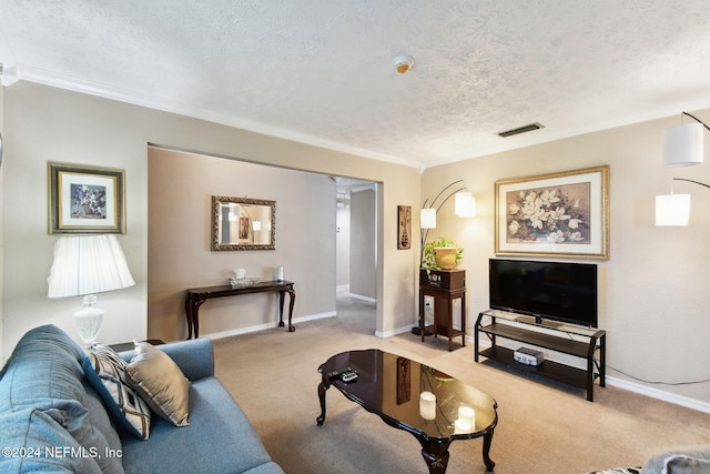 carpeted living room featuring a textured ceiling and ornamental molding