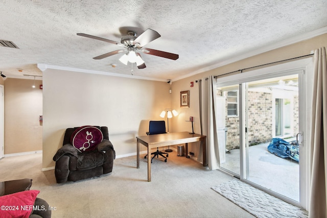 carpeted office space with crown molding, ceiling fan, and a textured ceiling