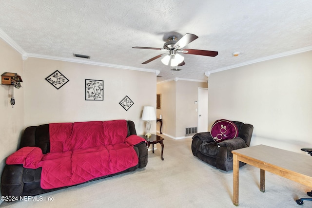 carpeted living room featuring a textured ceiling, ceiling fan, and crown molding