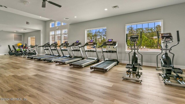 exercise room with light hardwood / wood-style floors and ceiling fan