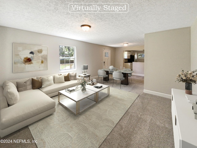 living room with light carpet and a textured ceiling