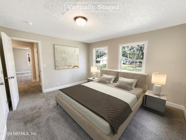 bedroom featuring carpet flooring and a textured ceiling