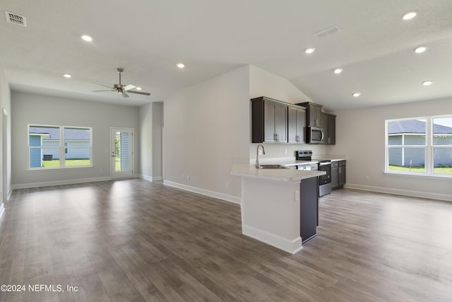 kitchen with dark hardwood / wood-style flooring, ceiling fan, sink, and appliances with stainless steel finishes