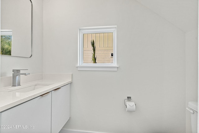 bathroom with toilet and vanity with extensive cabinet space